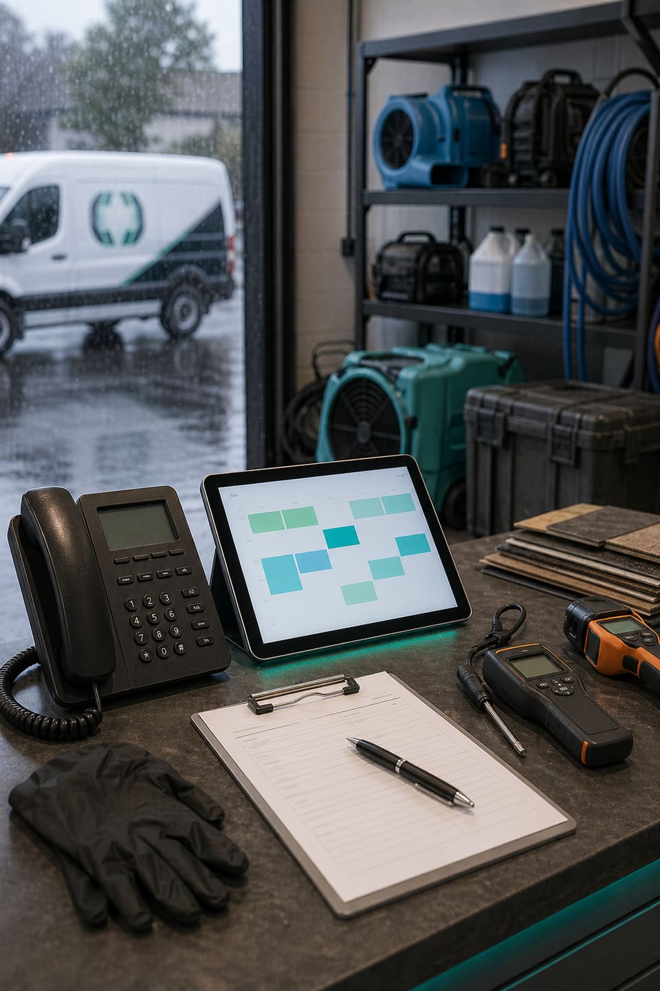 Water damage restoration dispatch desk with phone, emergency route tablet, moisture meter, and drying equipment.
