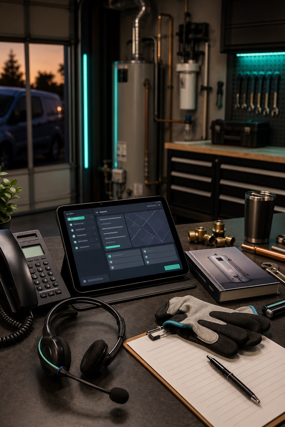 Water heater service dispatch desk with phone, route tablet, headset, tools, access notes, and subtle teal accents.