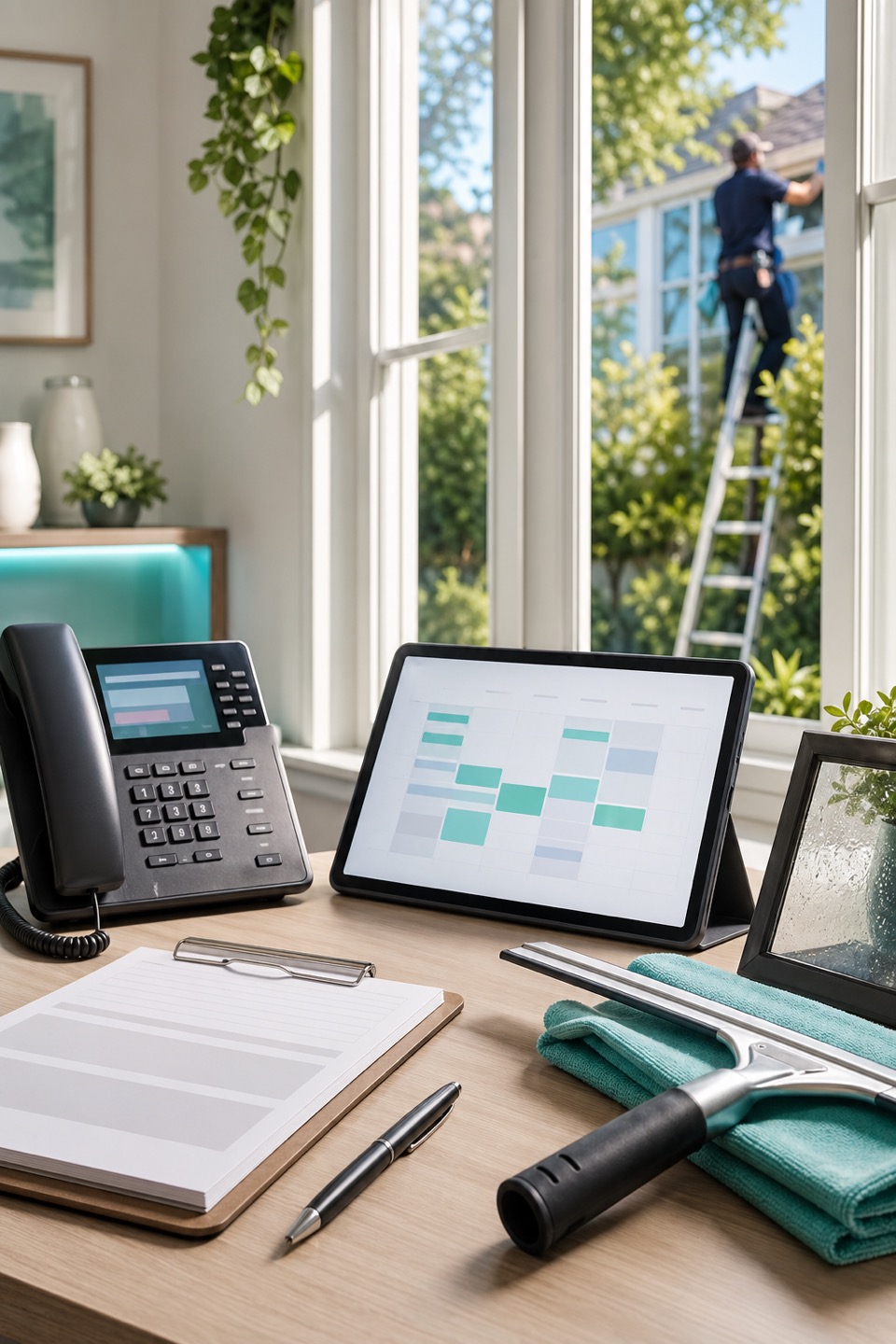 Window cleaning estimate desk with phone, scheduling tablet, squeegee, screen sample, and sunlit residential window.