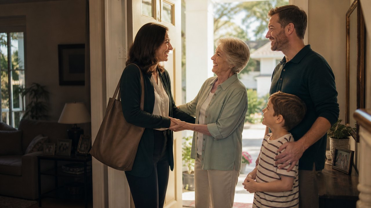 A home caregiver arriving to support an older adult and her family