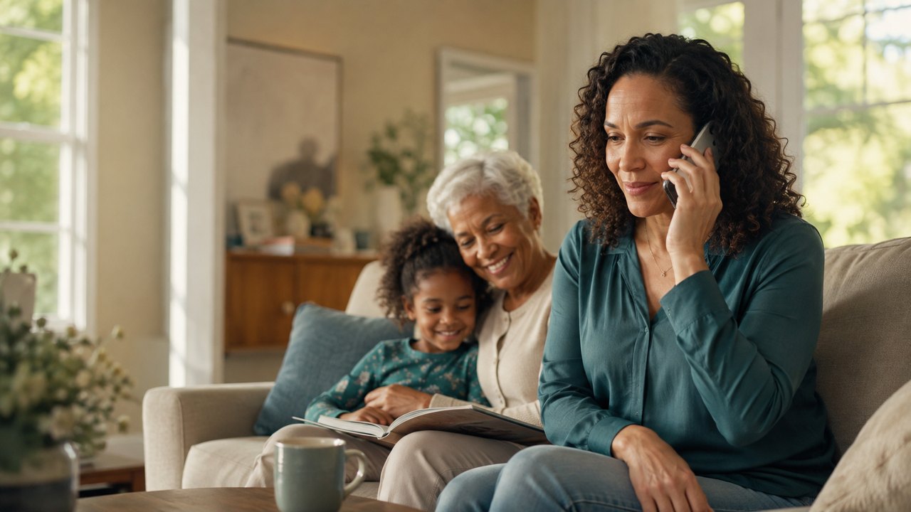 A family calling a home care agency while spending time together at home