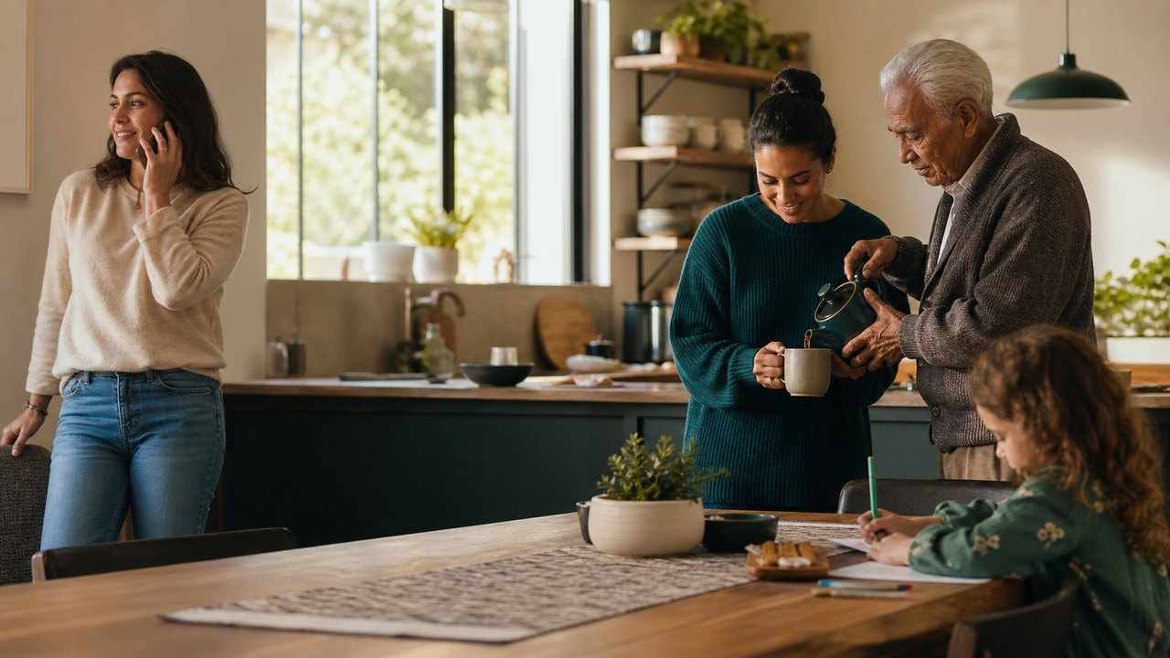 A family and home caregiver sharing a reassuring moment at home